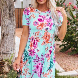 Sky Blue Short Sleeve Babydoll Pink Coral Floral T-shirt Casual Dress